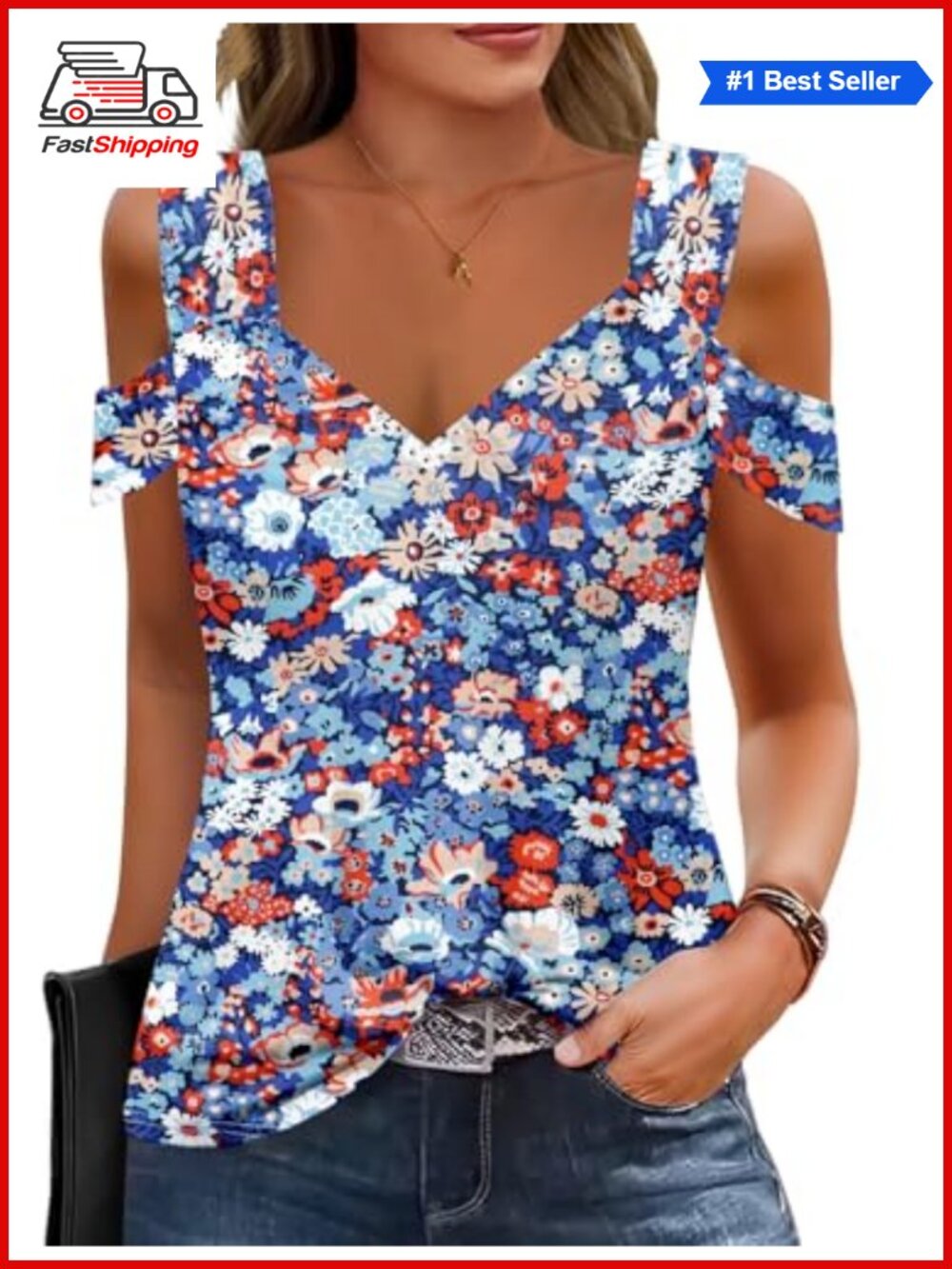 Women's Cold Shoulder Summer Top V-Neck Short Sleeve Casual Blouse